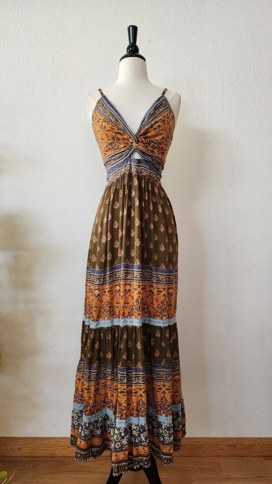 Anthropologie Maxi Dress New Size Medium Olive Floral Romantic Boho Fall Winter