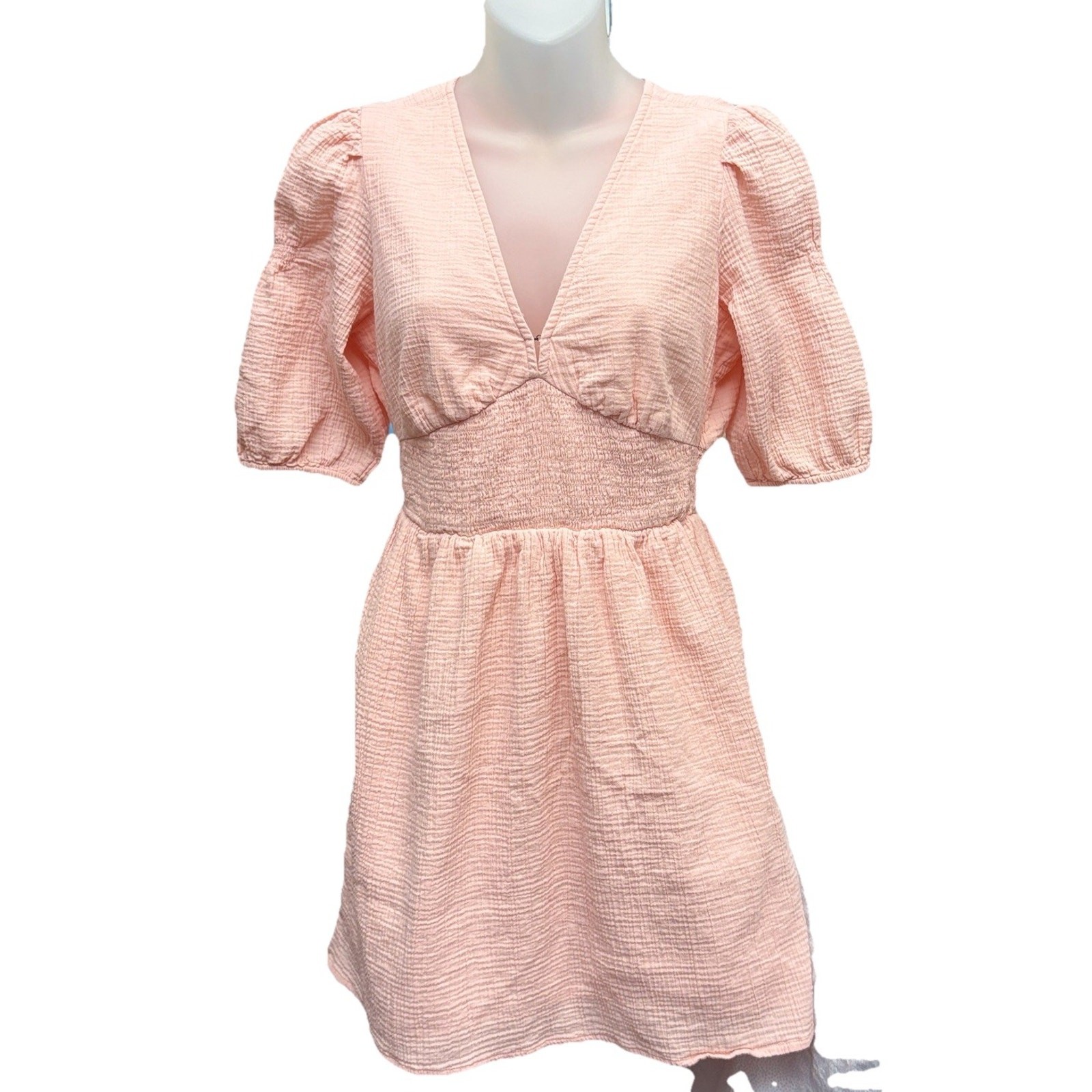 Billabong Smocked Gauze Dress Spellbound Peach Puff Sleeve Skater Dress Size M