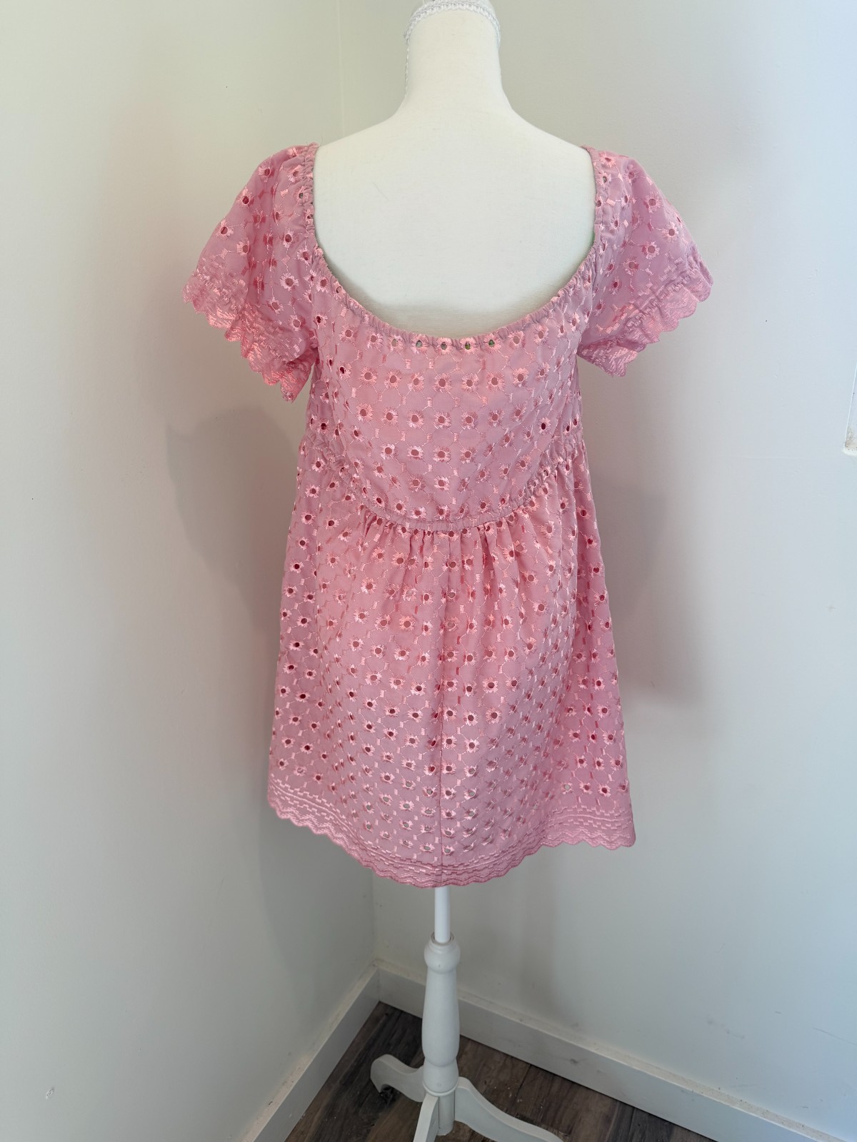 Le Shack Tracy Feith Pink Cotton Eyelet Lace Milkmaid Mini Dress Boho Coquette 2