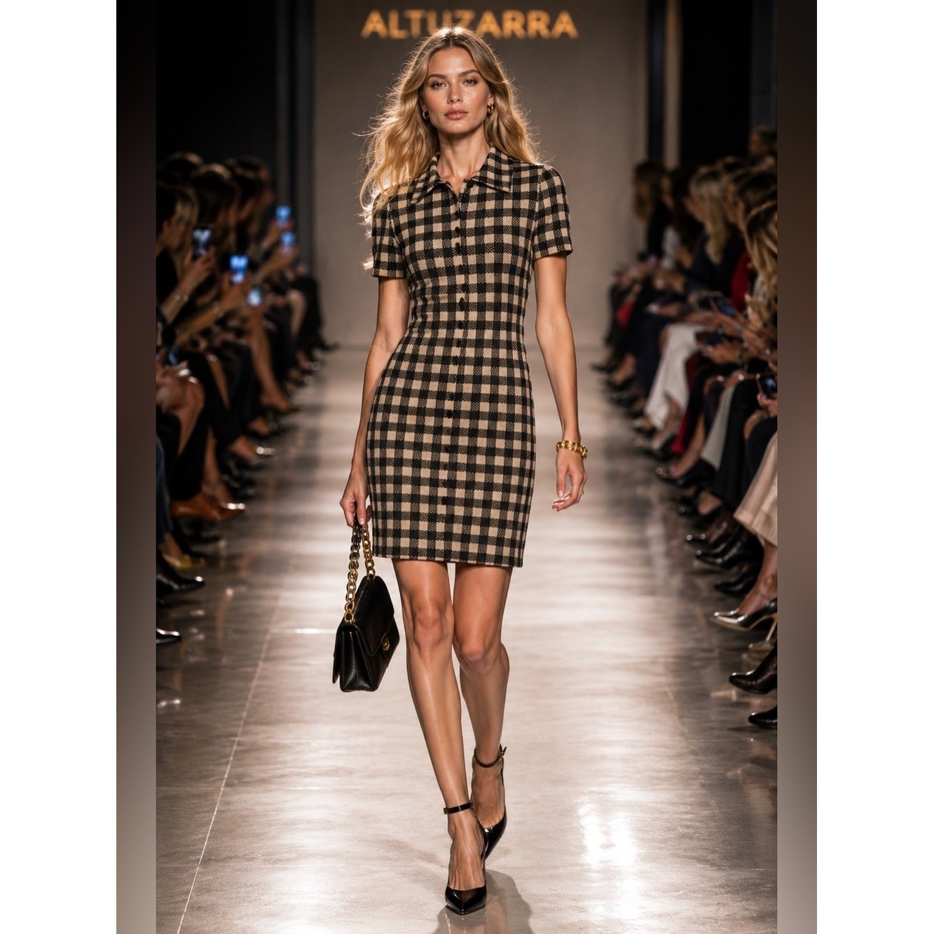 Altuzarra Beige and Black Checked Short-Sleeve Mini Dress New XS