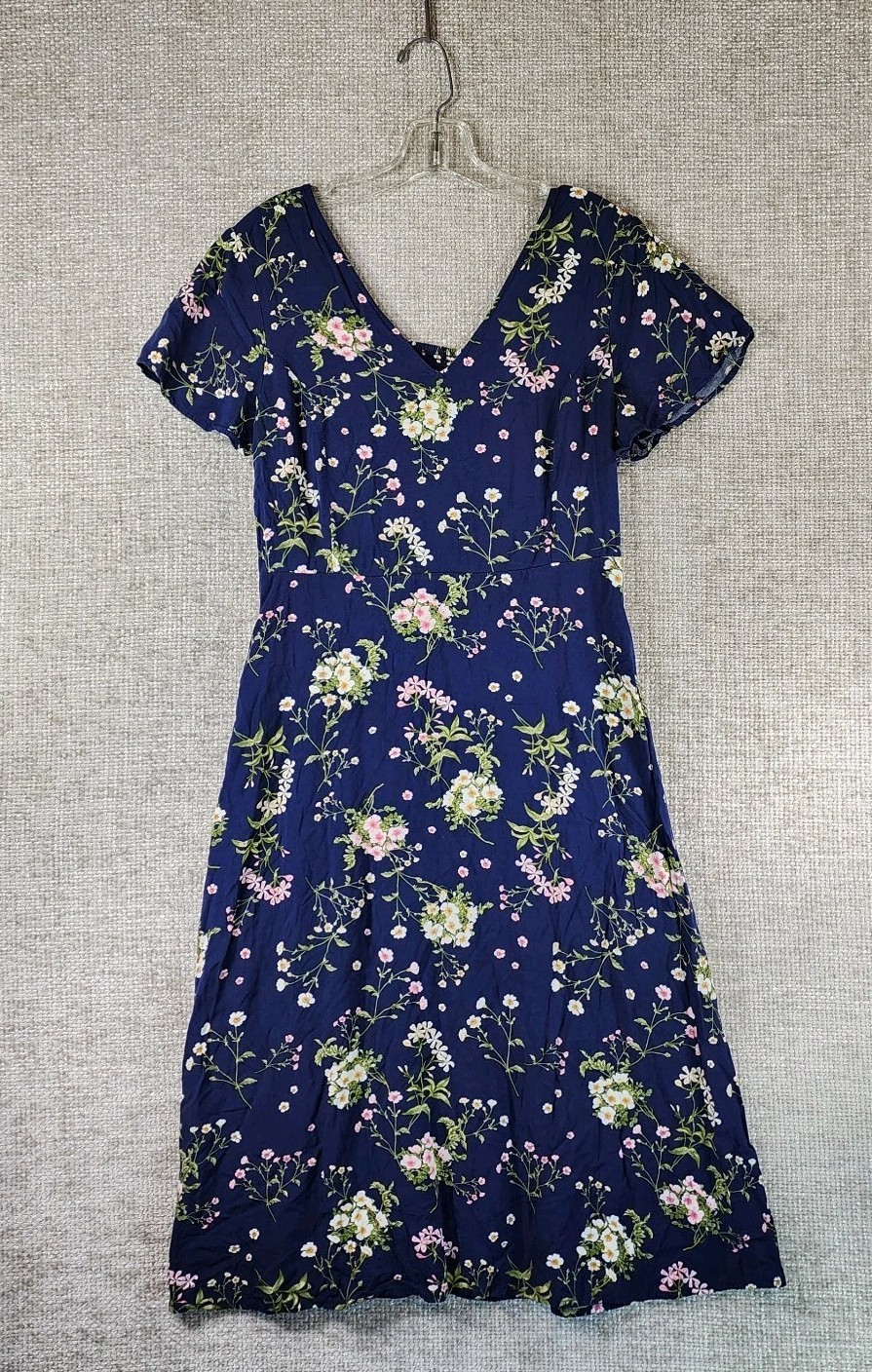 Old Navy Floral Midi Dress Womes L Navy Blue Cap Sleeve V-Neck Smocked Cottage