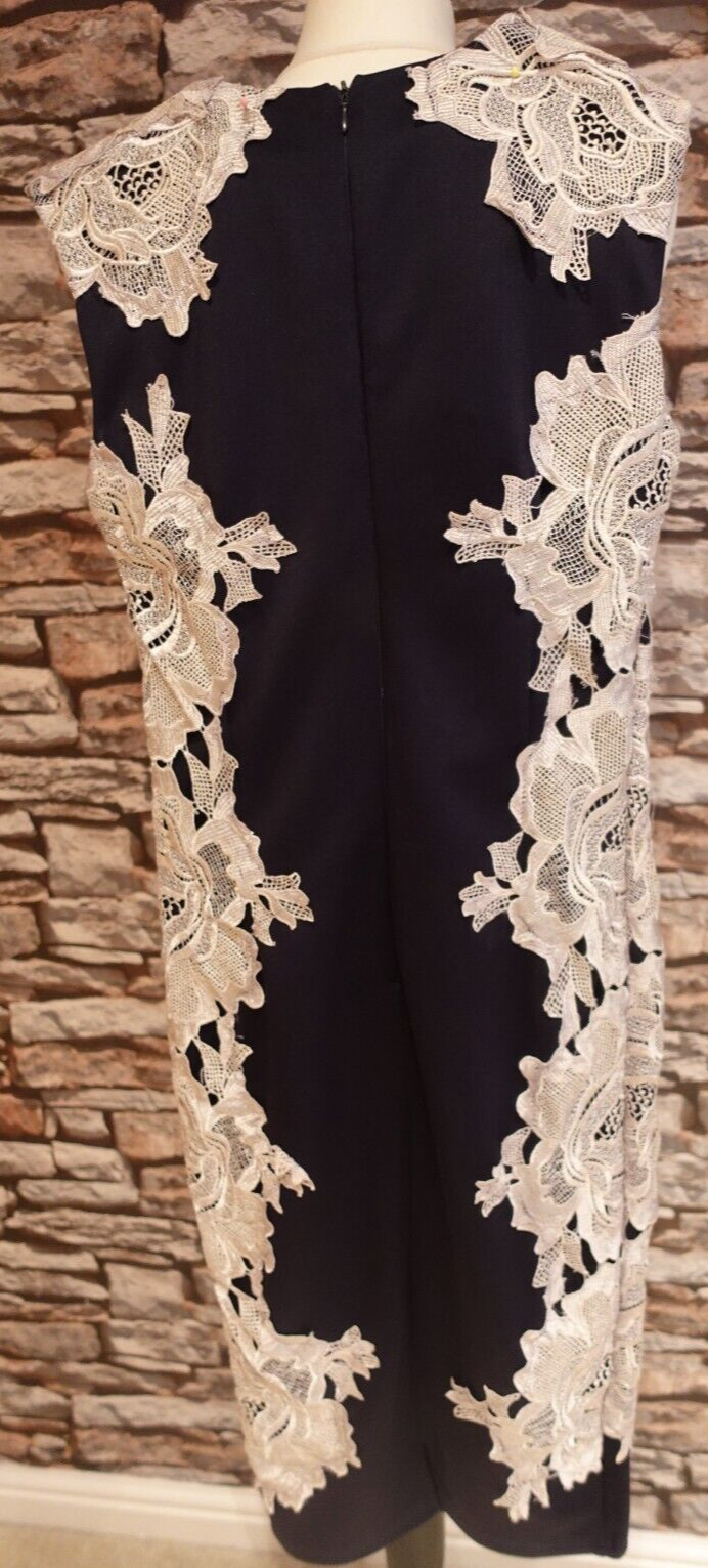 AX Paris Stunning Navy & White/Cream Floral/Plain Dress Lined Stretch Size 10