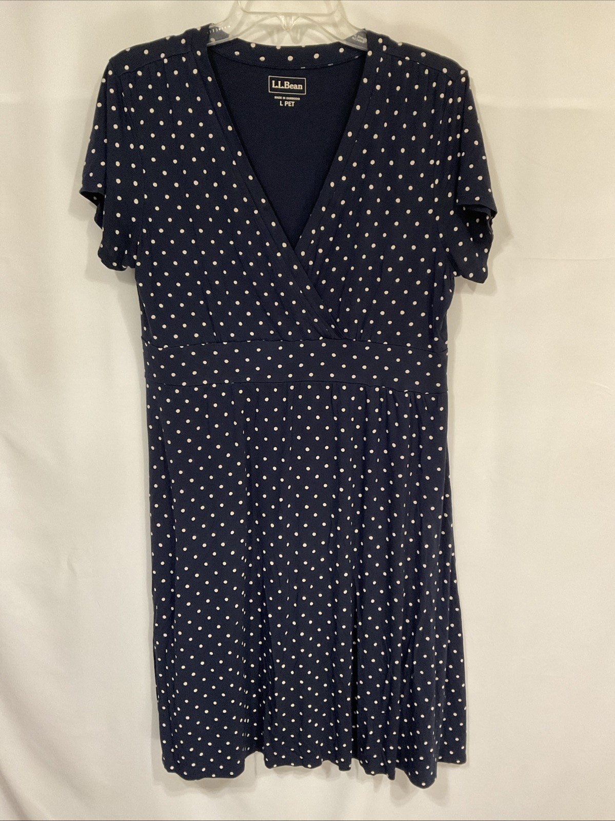 L. L. Bean LP Short Sleeve V-Neck High Waist Fit & Flare Dress Blue/Polka Dots