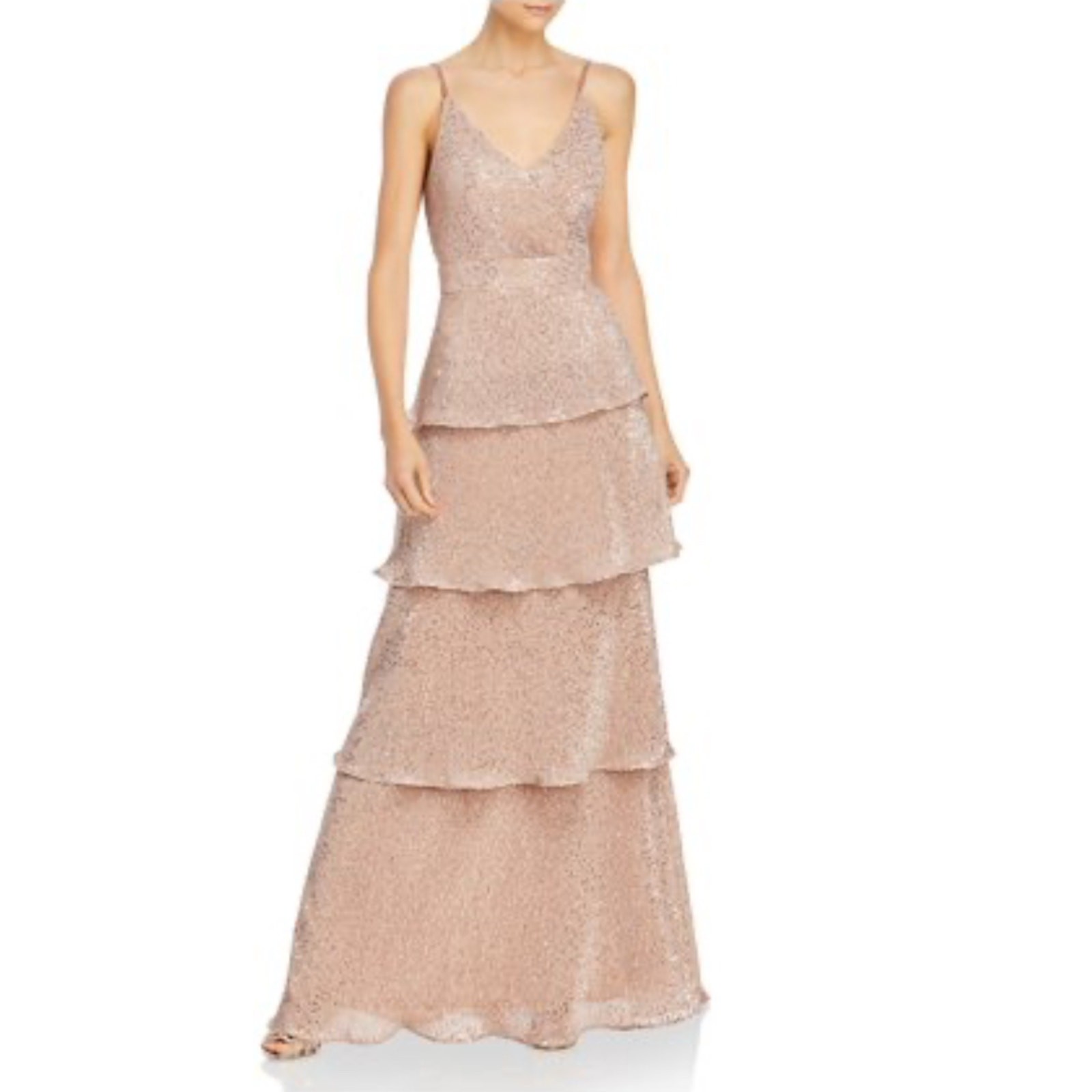 AQUA Rose Gold Pink Evening Gown Sequined Tiered Ruffle A-Line Dress Size 4