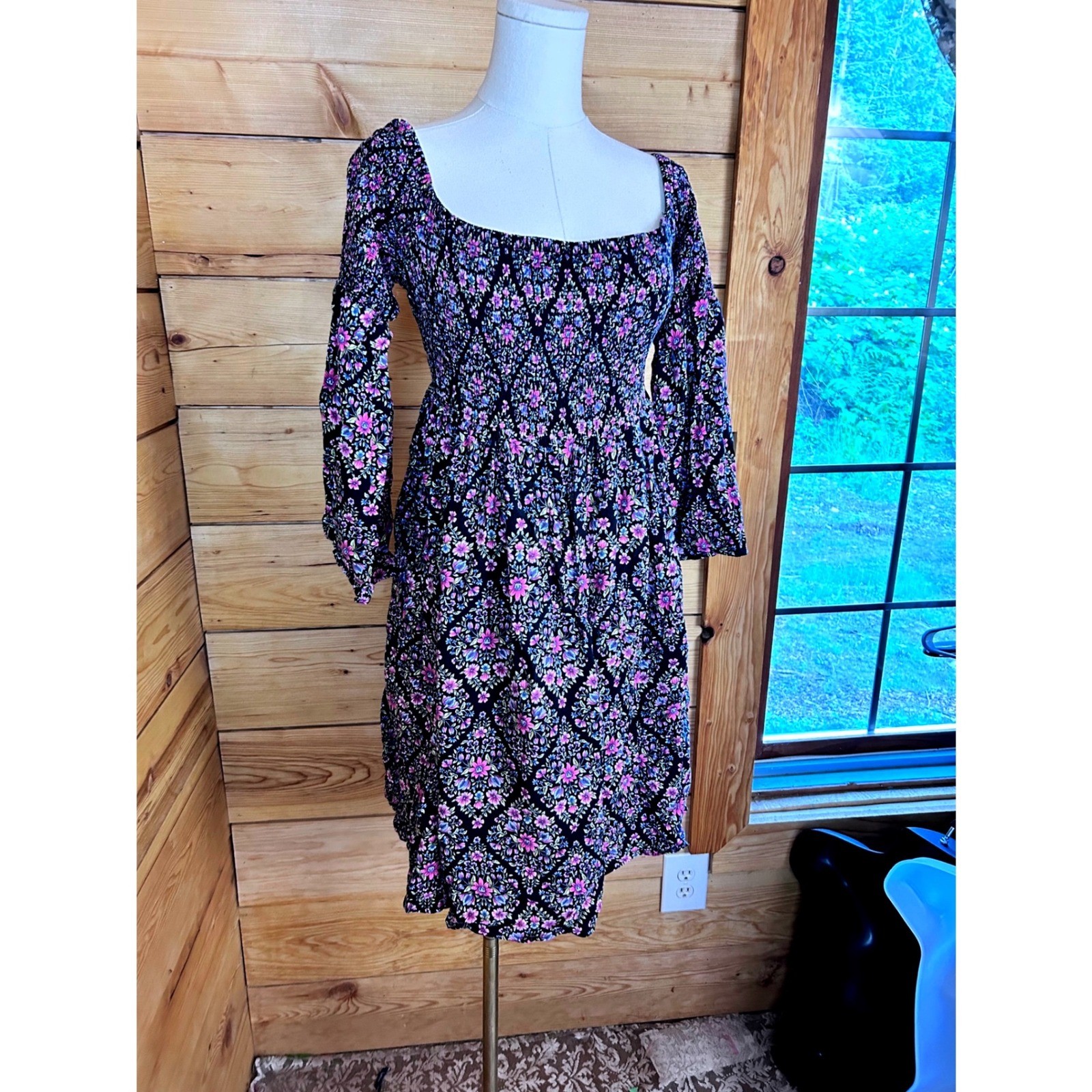 Smocked Bodice Bell Sleeve Mini Dress Plus Size 2 Black Floral Skater Torrid Y2K