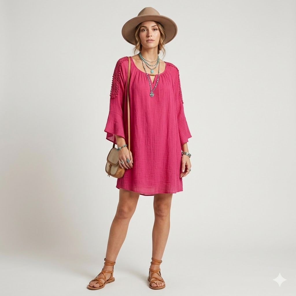 Indigo Rose Pink Boho Dress Plus Size 3X Crochet Sleeve Maternity Friendly Tunic