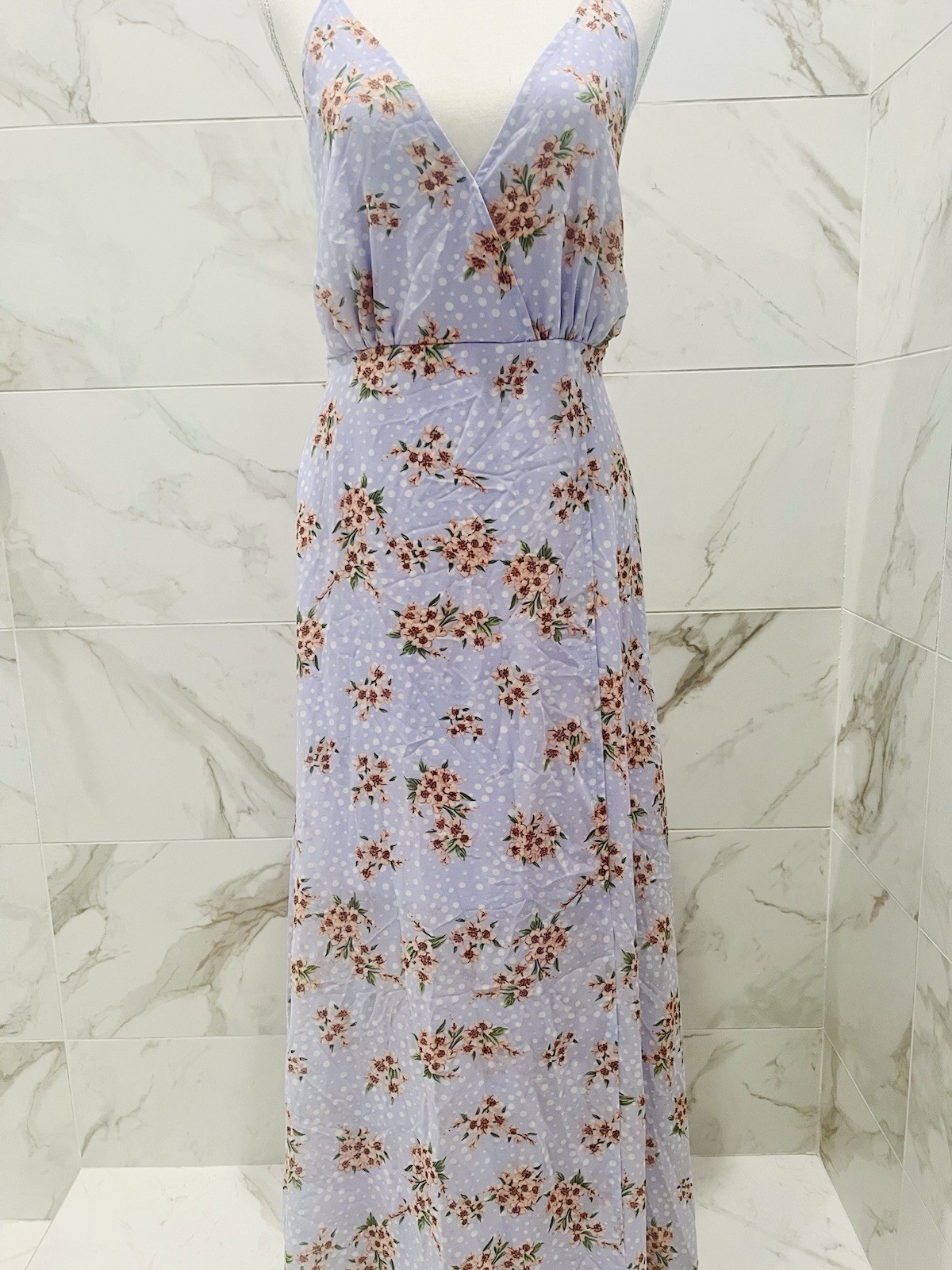 Aakaa Light Purple Floral V-Neck Strappy Open Back Tassel Maxi Dress L