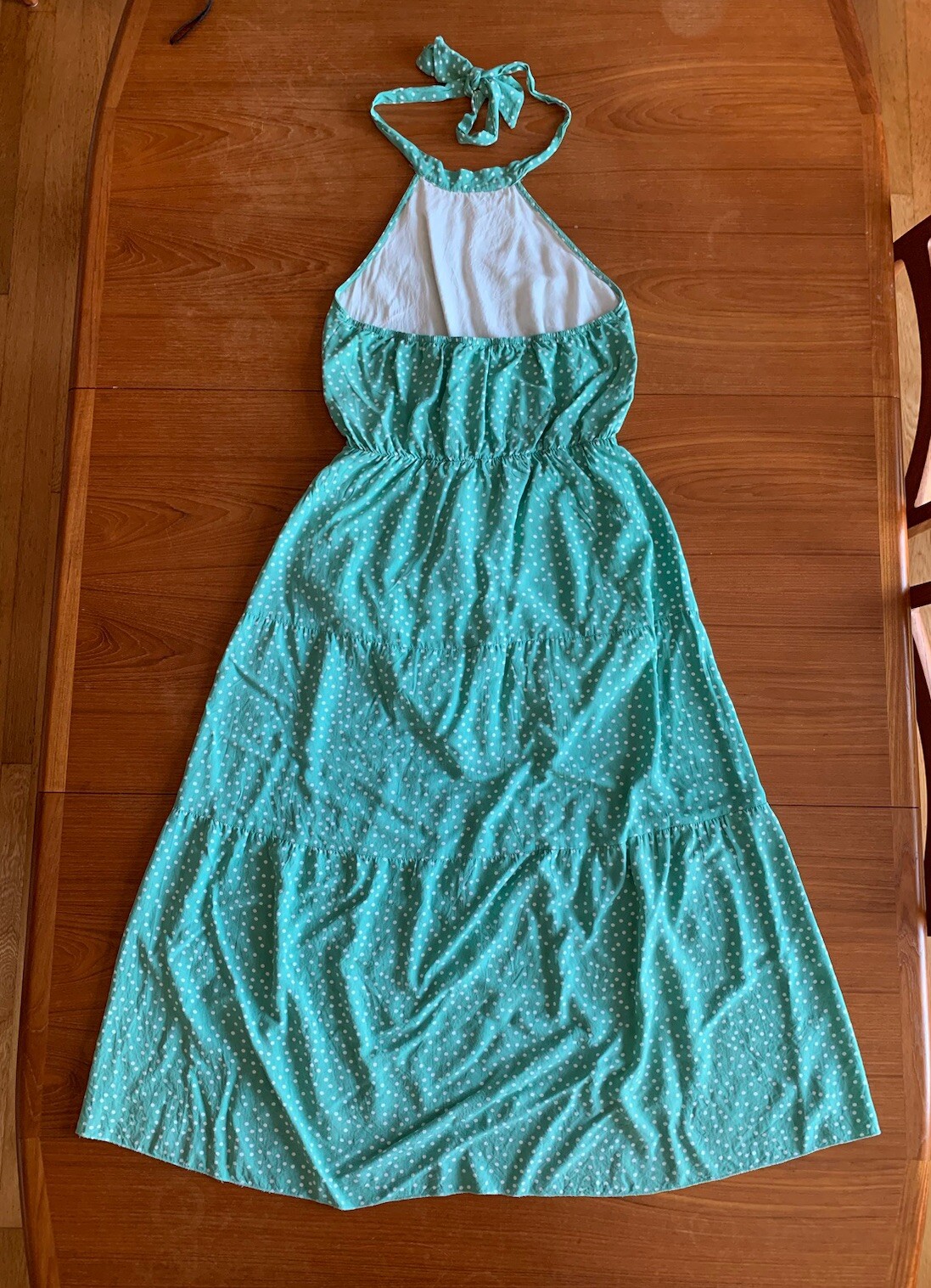 Women’s Polka Dot Halter Maxi Dress Size Medium Hi Low Tiered Green White