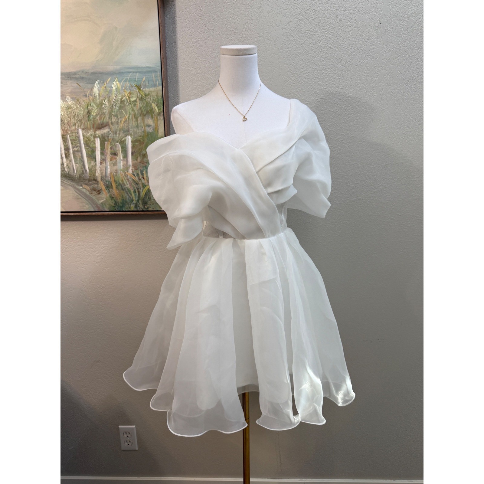 White Organza Off Shoulder Corset Mini Dress Glitter Mesh Lace Up Back Skater