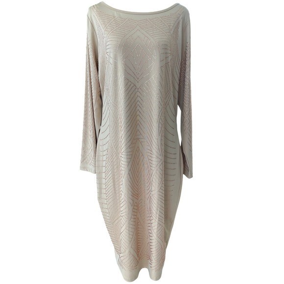 Rhinestone Embellished Long Sleeve Dress 14/16 Nude Neutral Minimalist Glam