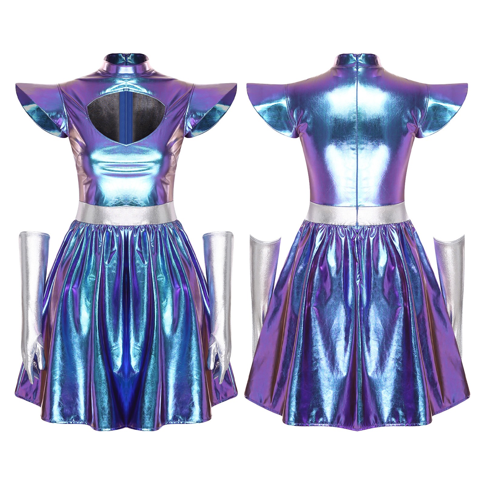 US Women Alien Costume Shiny Metallic Flying Sleeve Dress with Gloves Cosplay