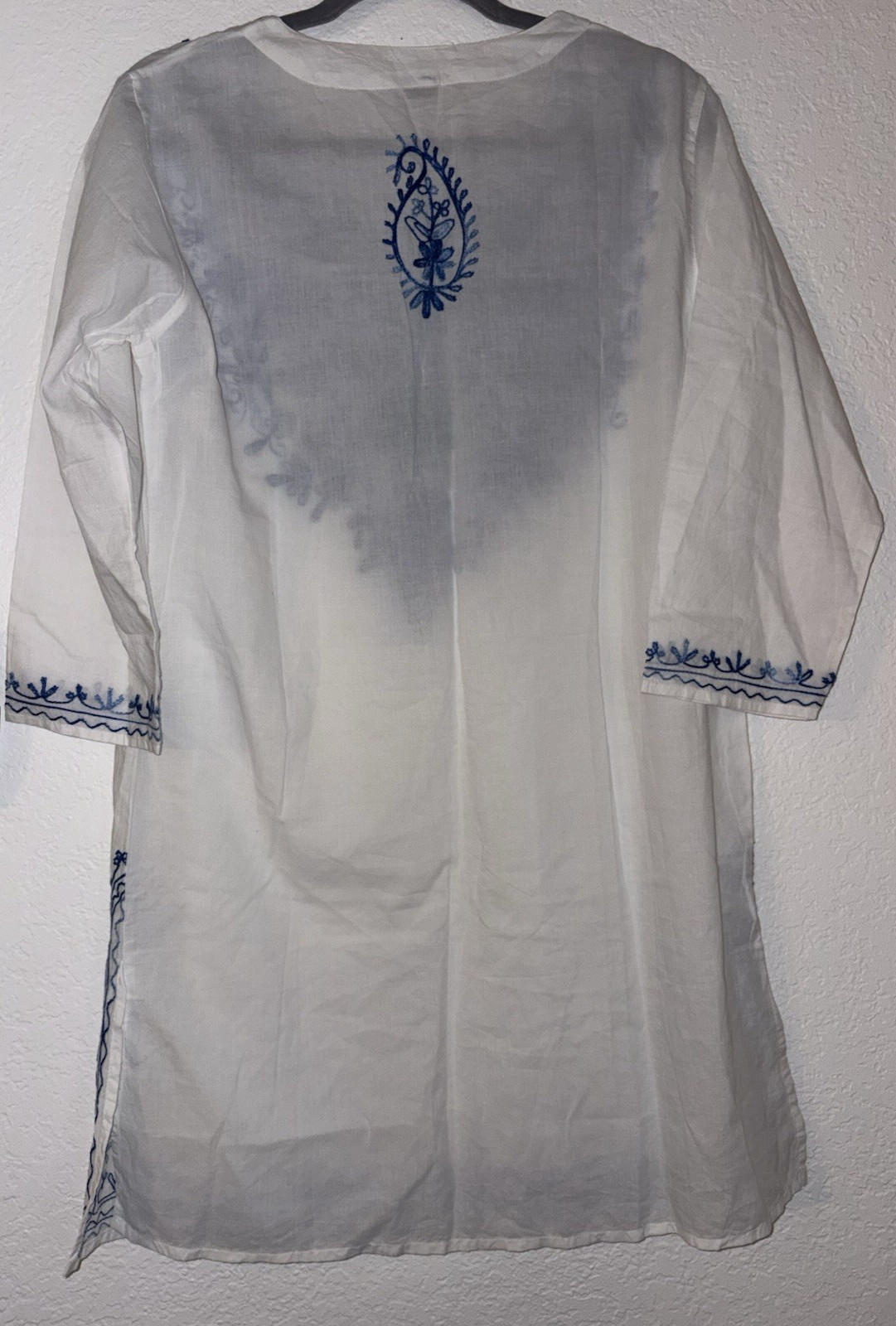 White Blue Embroidered Tunic India Sundress Cover Up Long Sleeve SIZE UNKNOWN