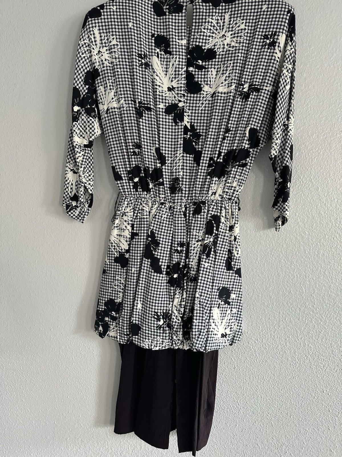 VTG Sheath Dress Retro MCM Career Blouson Overlay Floral Black White Gingham S