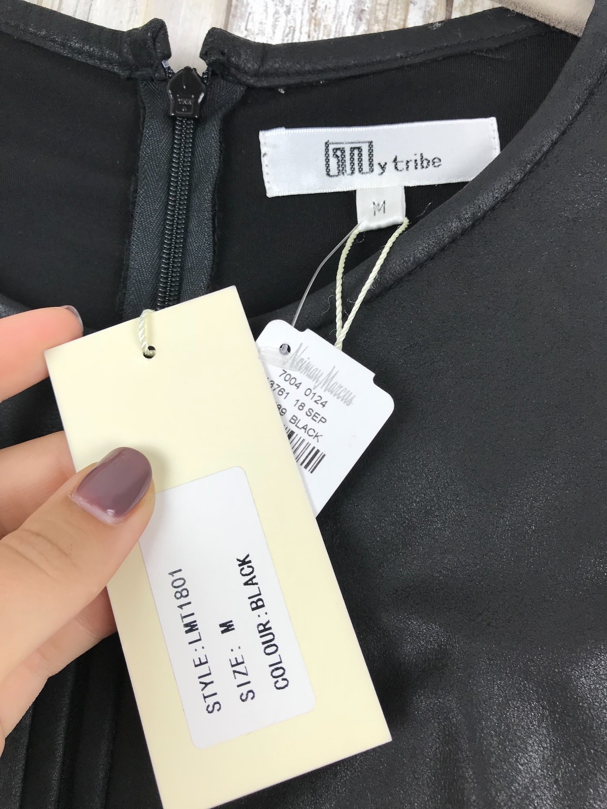 $269 My Tribe Key Hole Leather Ponte Little Black Dress Short Sleeve M Medium