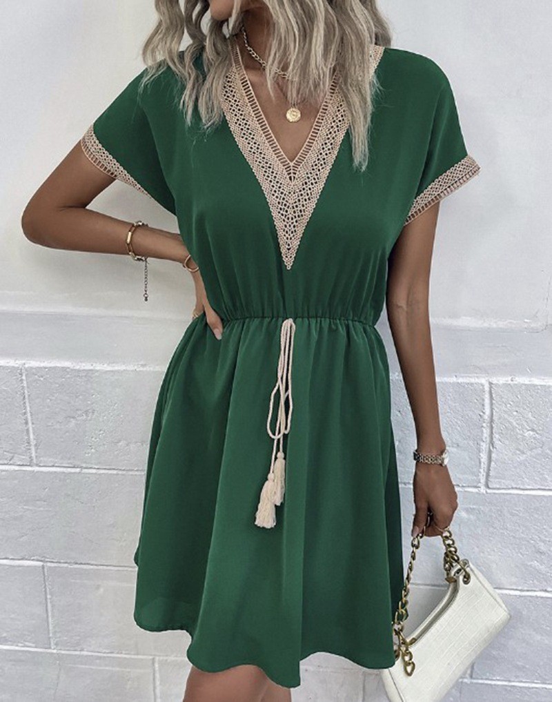 V NECK Summer DRESS WOMEN Short Sleeve Casual Solid Color Ruffle Midi Dresses