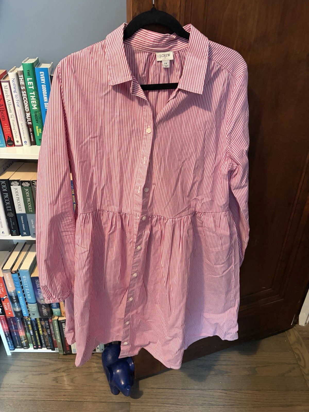 J.Crew Pink White Striped Button Front Empire Waist Shirt Dress Size 14