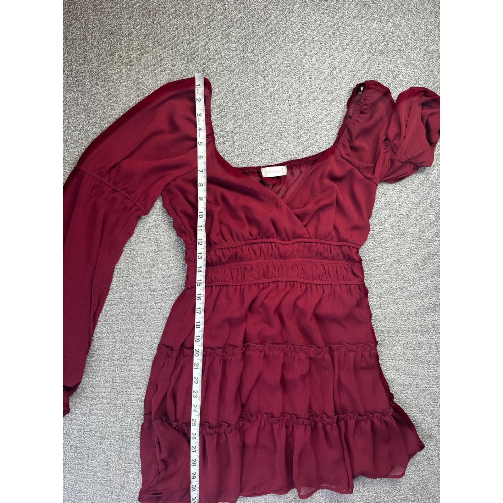Altar’d State Dress Large Burgundy Smocked Tiered Mini Sheer Long Sleeve