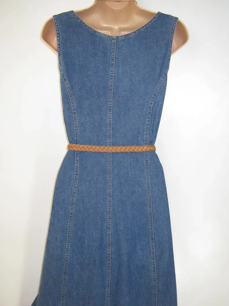 LAURA ASHLEY Vintage Country Denim Summer Maxi Dress, UK12 – incl Belt