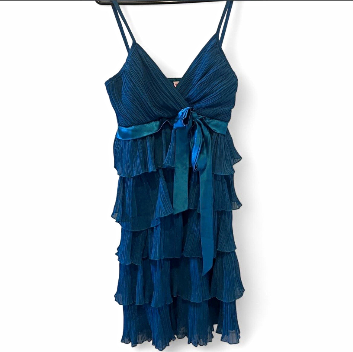 Women’s M Ruby Rox Blue Chiffon V-Neck Layered Ruffle Strappy Fit & Flare Dress
