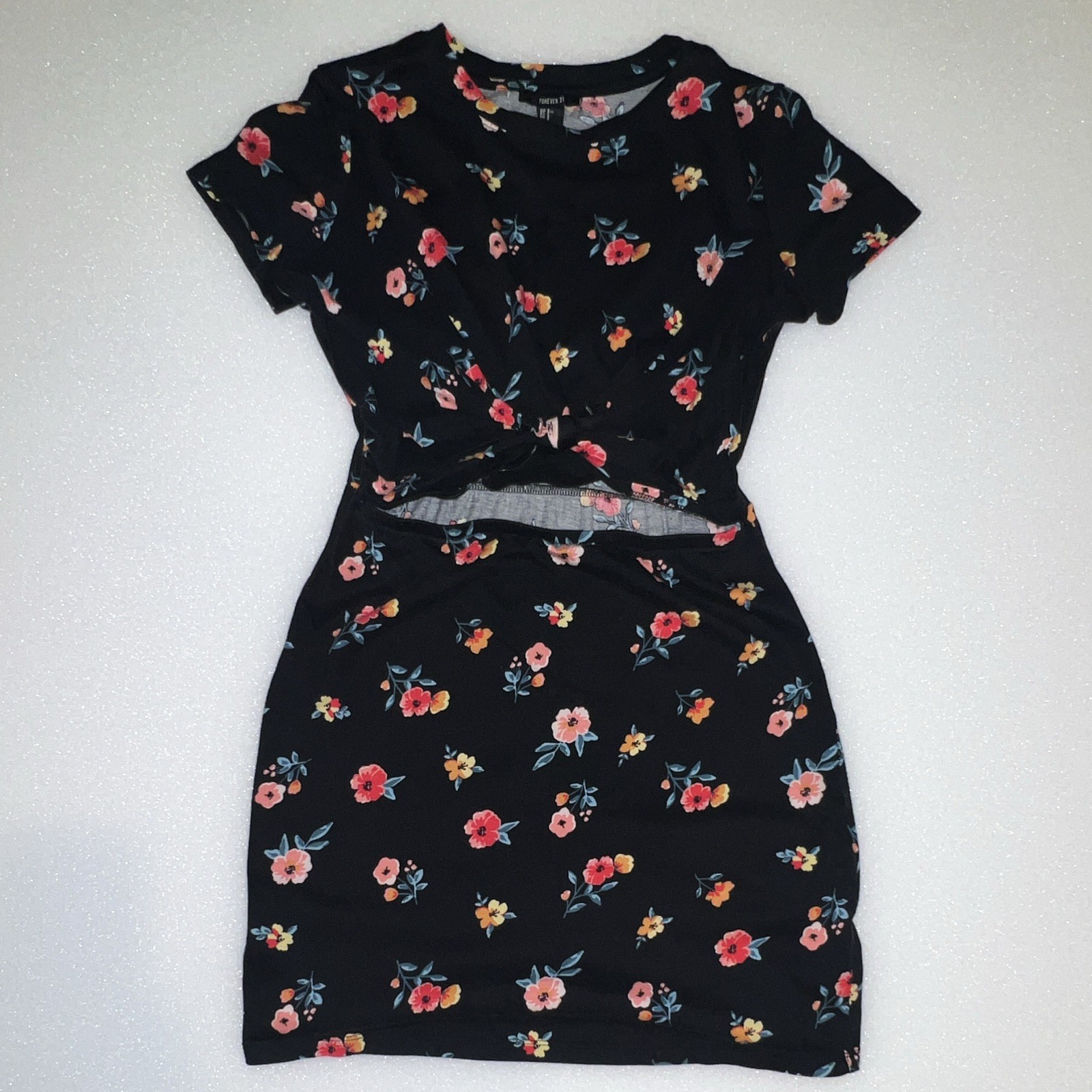 FOREVER 21 Black Floral Cut Out Mini Dress S Cotton Knit Round Neck Short