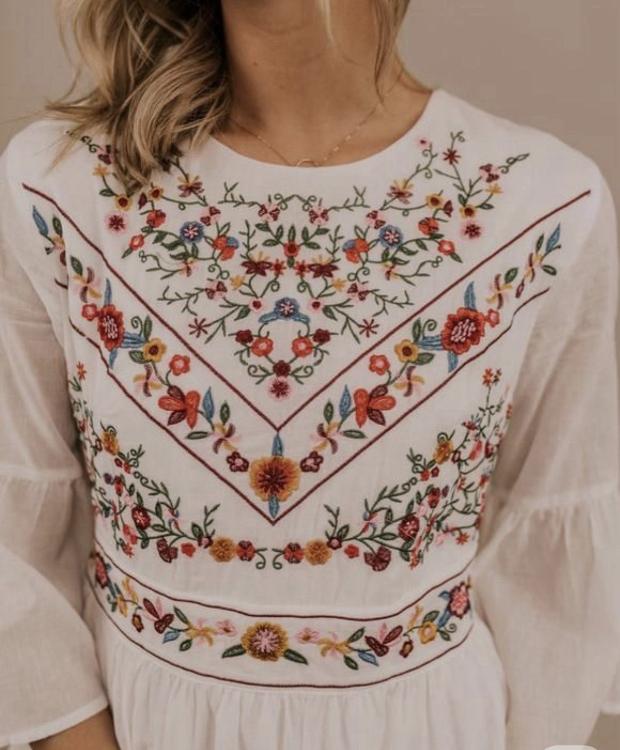 Roolee Embroidered Dress. Off White. Bell Sleeves. Size Small.