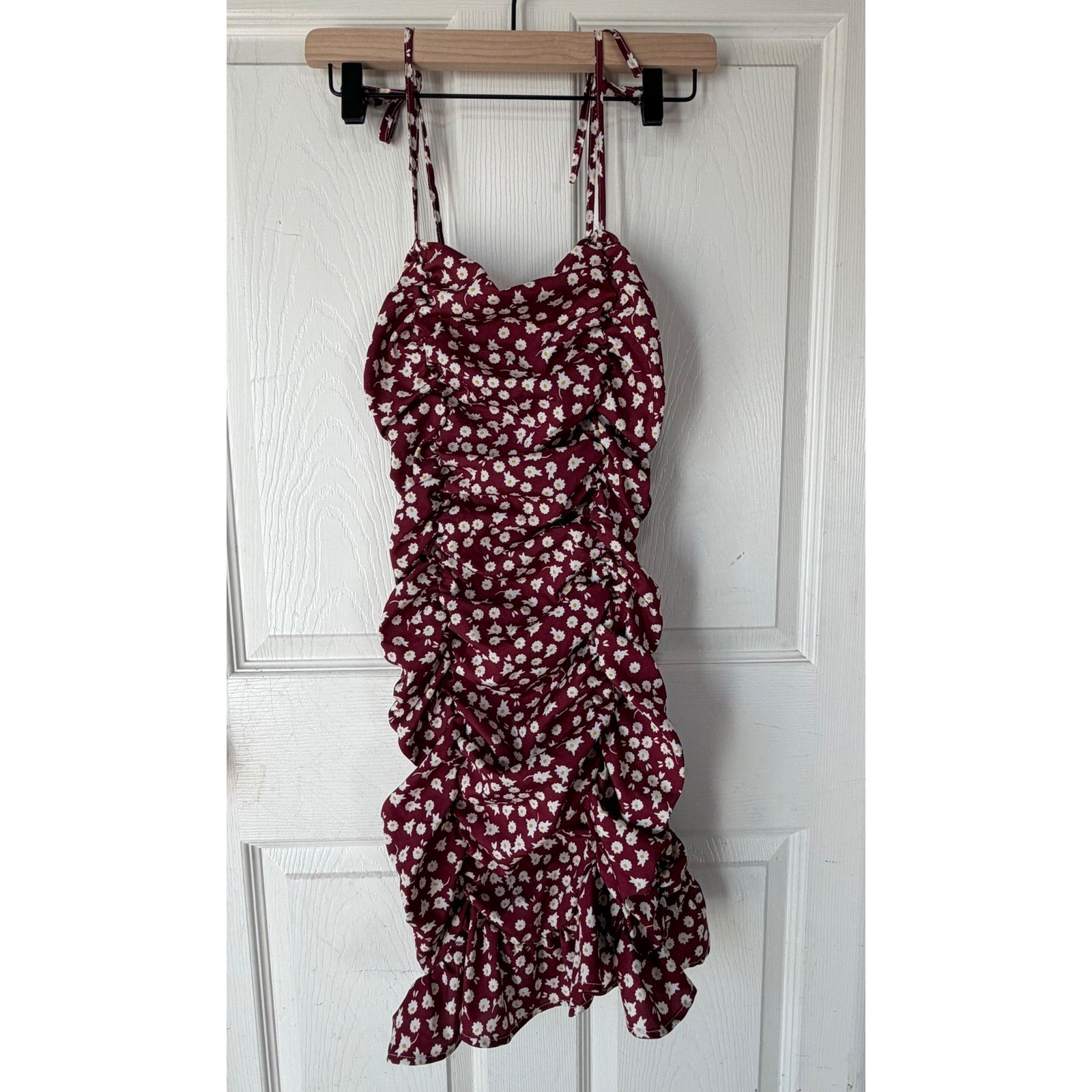 Shein Burgundy Daisy Floral Ruched Tie Strap Bodycon Mini Dress Burgundy Size M