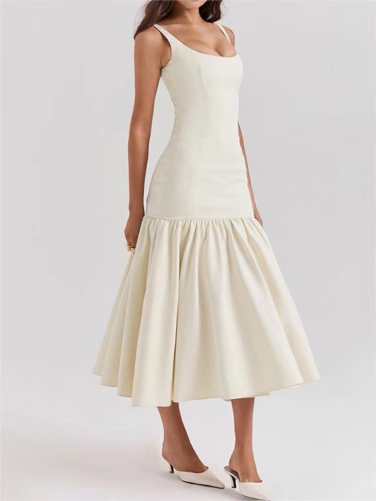 Commense Ivory Square Neck Strappy Sleeveless A-Line Midi Dress XS