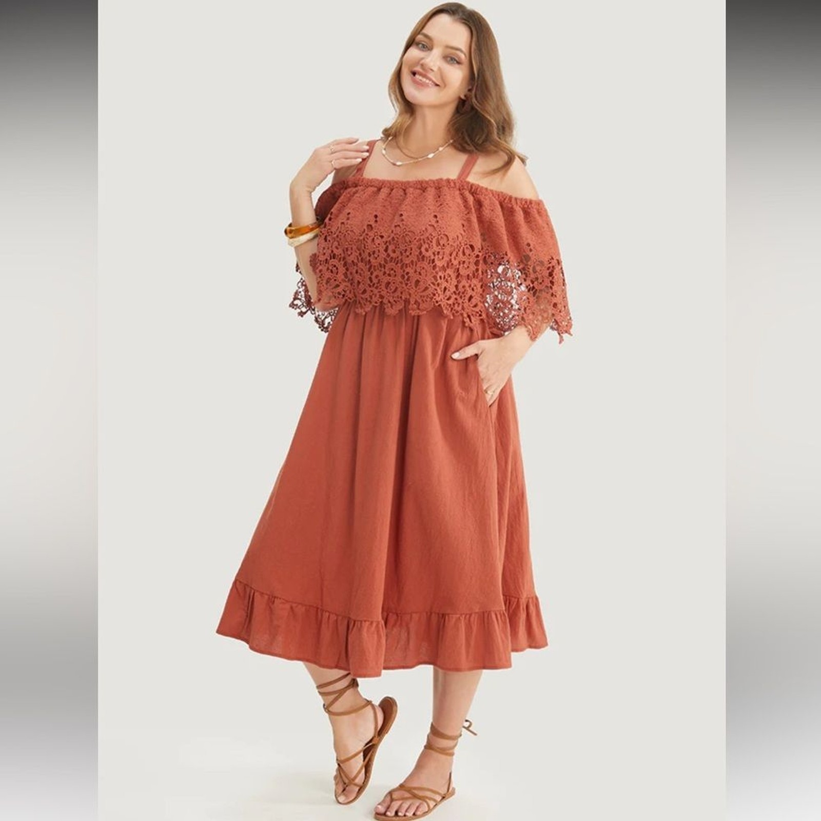 Solid Cold Shoulder Contrast Lace Pocket Ruffle Hem Dress