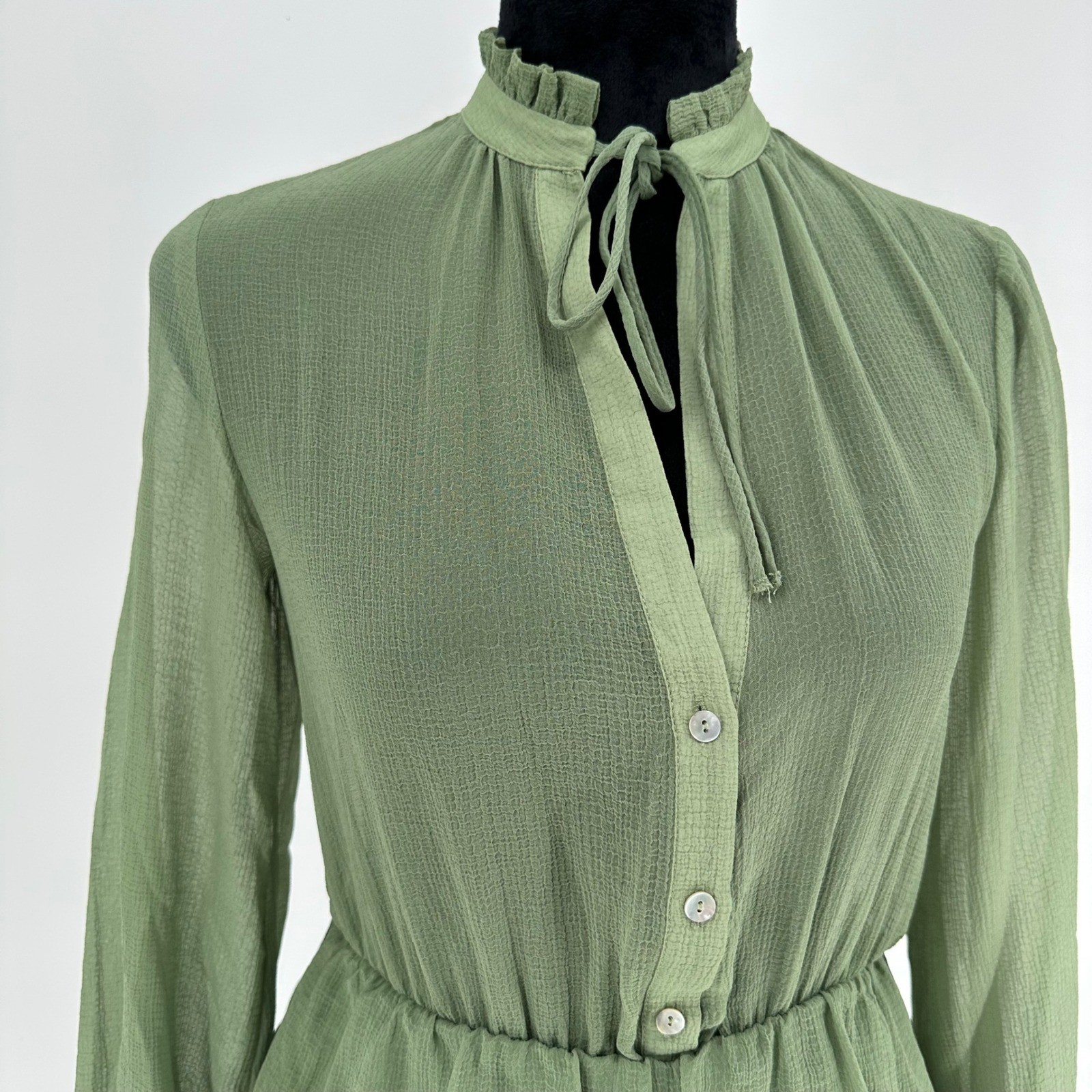 Zara Green Sheer Ruffle Long Sleeve Mini Short Dress V-Neck Women’s XS