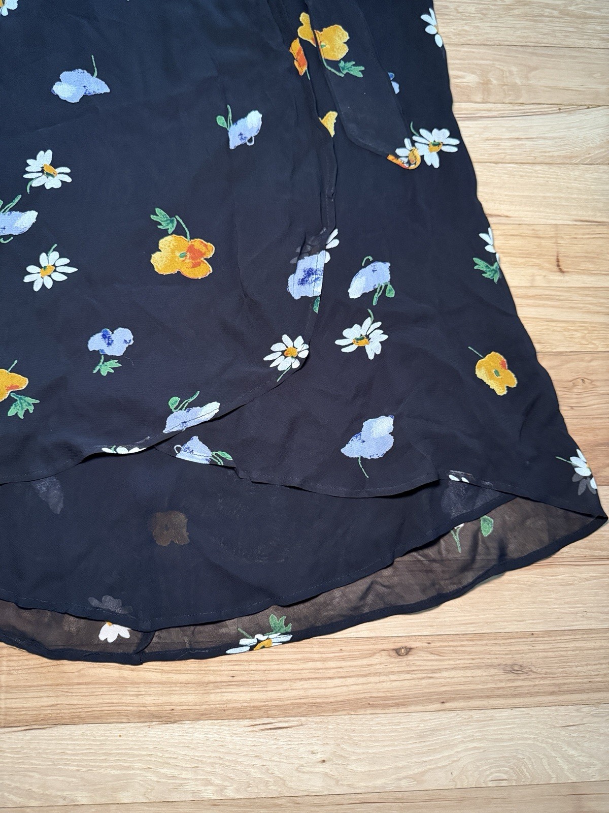 GANNI Dainty Georgette Floral Wrap Dress – Black Floral, EU 38