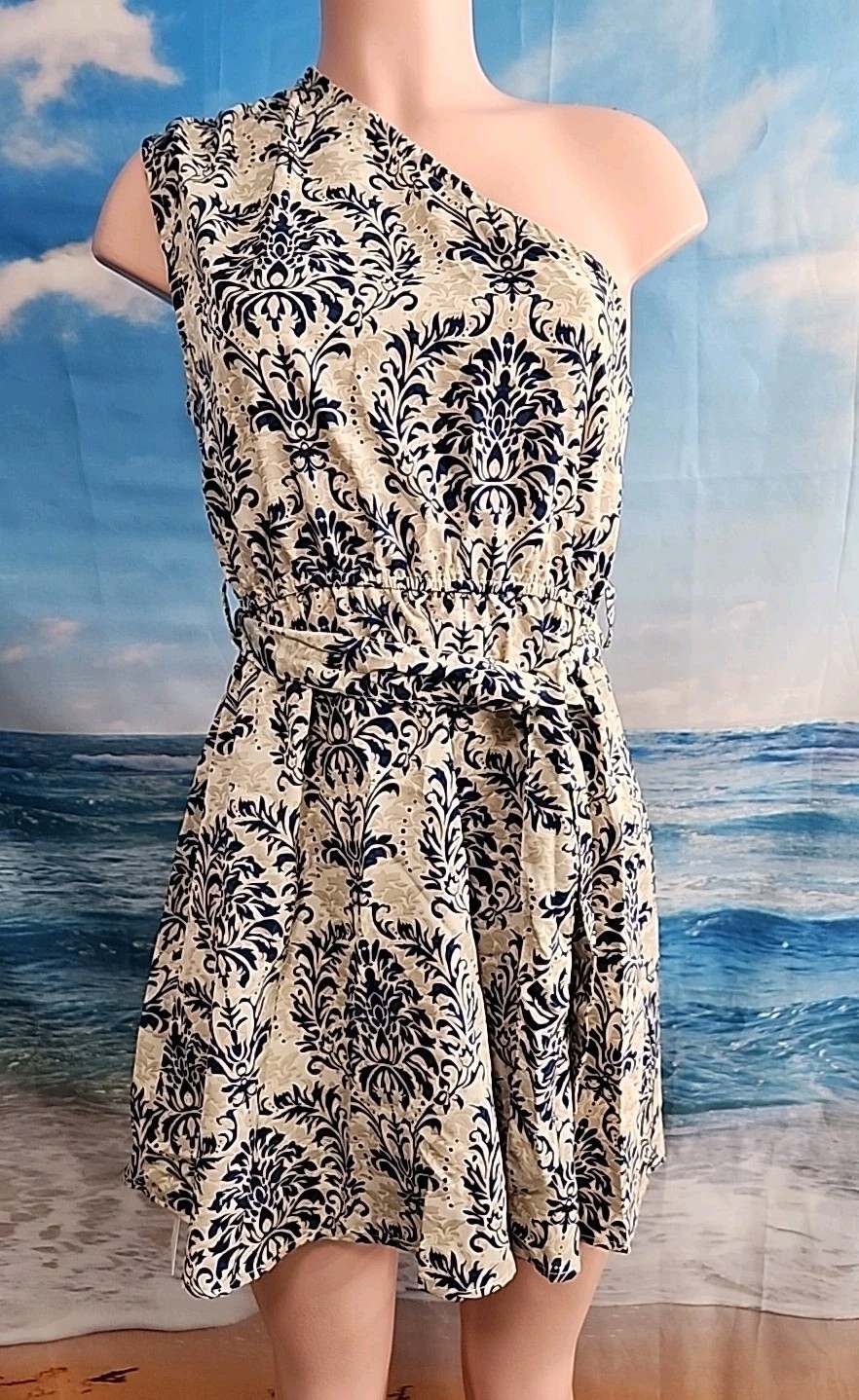 Nwt Cupshe , CREAM & Blue Design Dress, medium One Shoulder