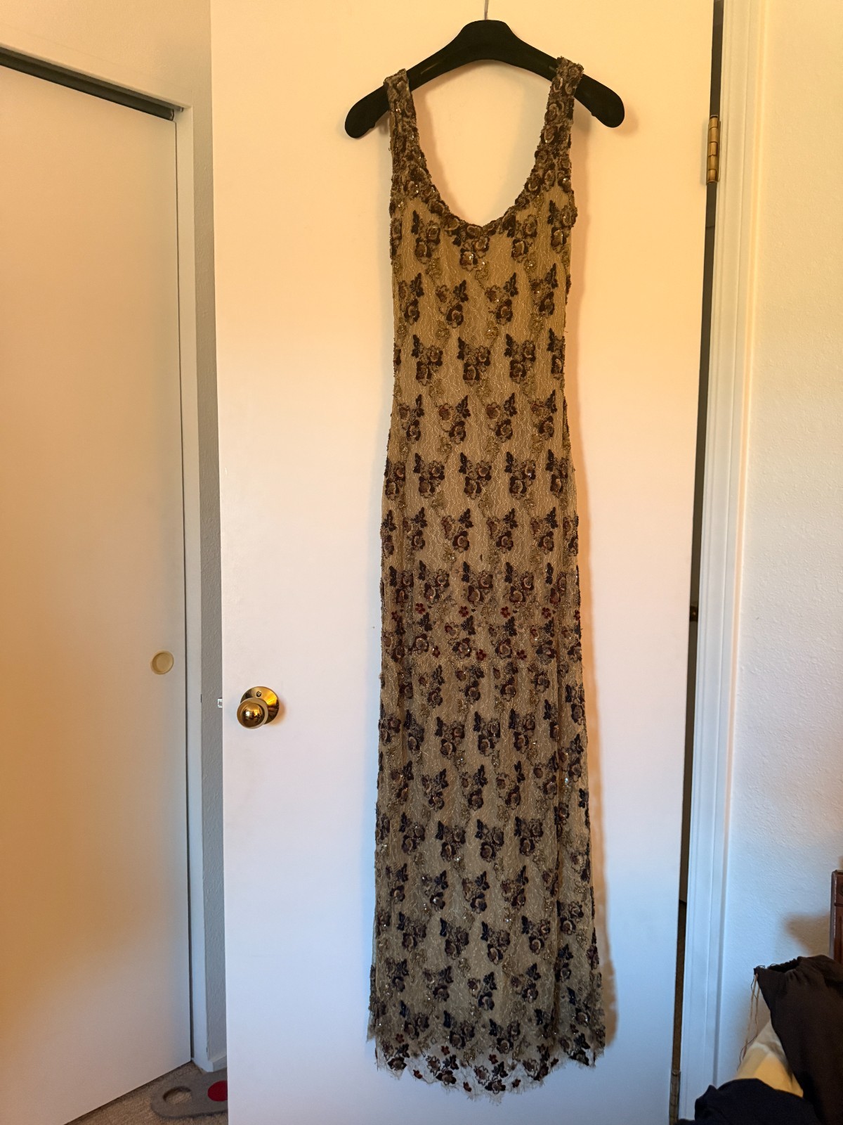 Couture Hand Beaded Silk Evening Gown by Peggy Jennings Champagne Gold Size 4