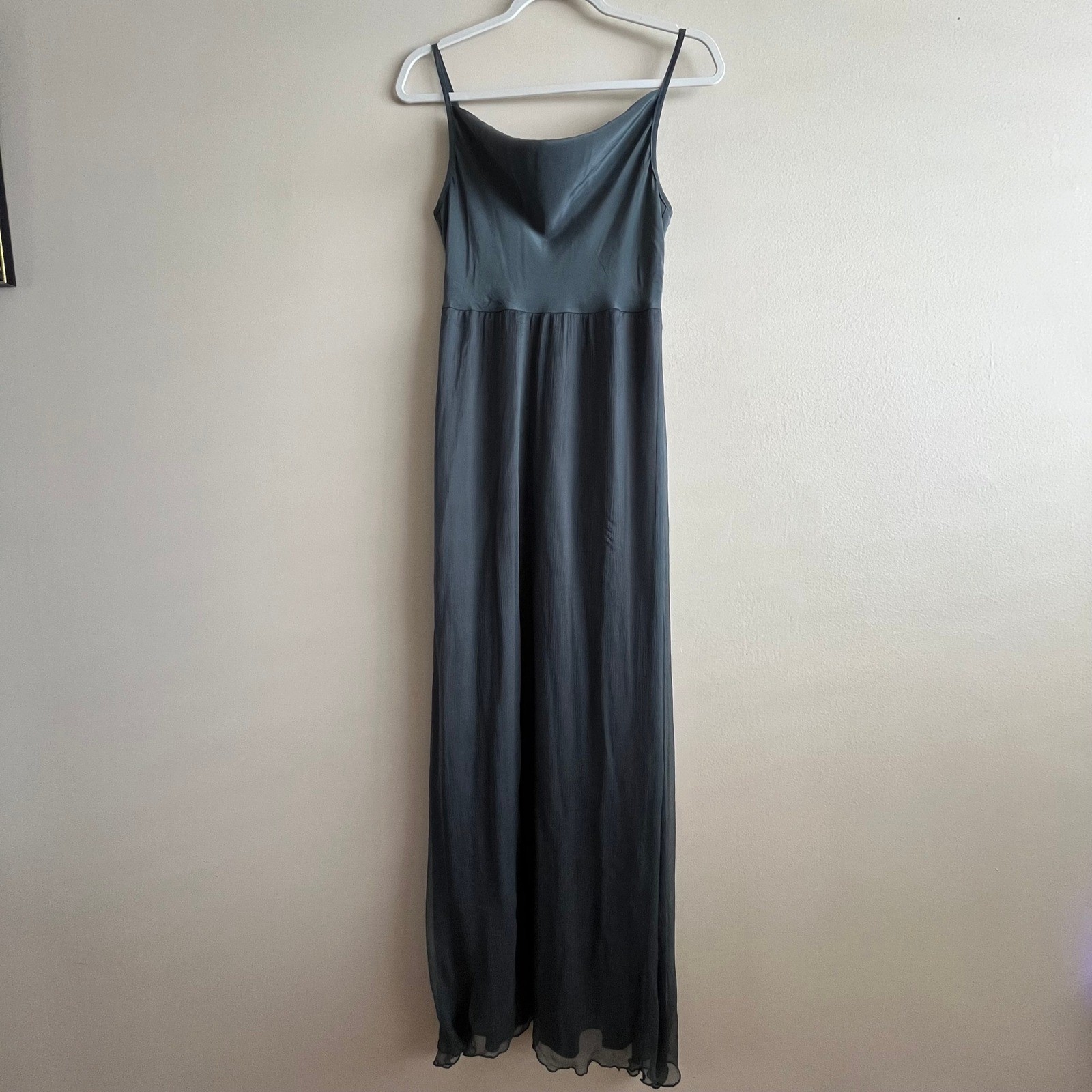Dressed LA 100% Silk Maxi Slip Dress Size S Dark Charcoal Grey Chiffon Hem