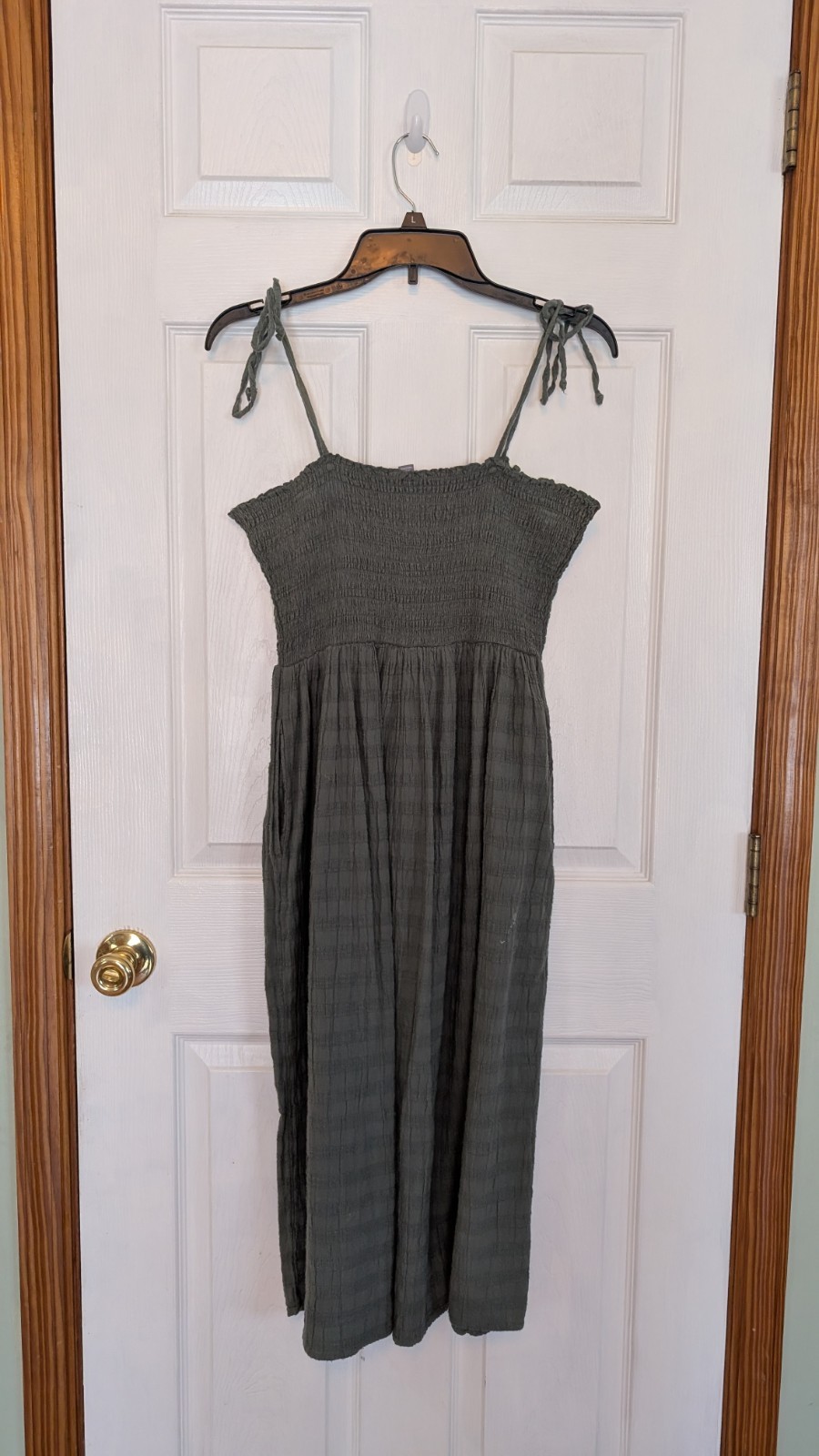 AE Olive Green Cotton Button Down Sundress Smocked Bodice Tie Straps S Perfect!