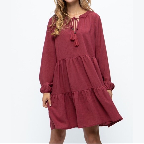 Burgundy Tiered Ruffle Dress Various Sizes