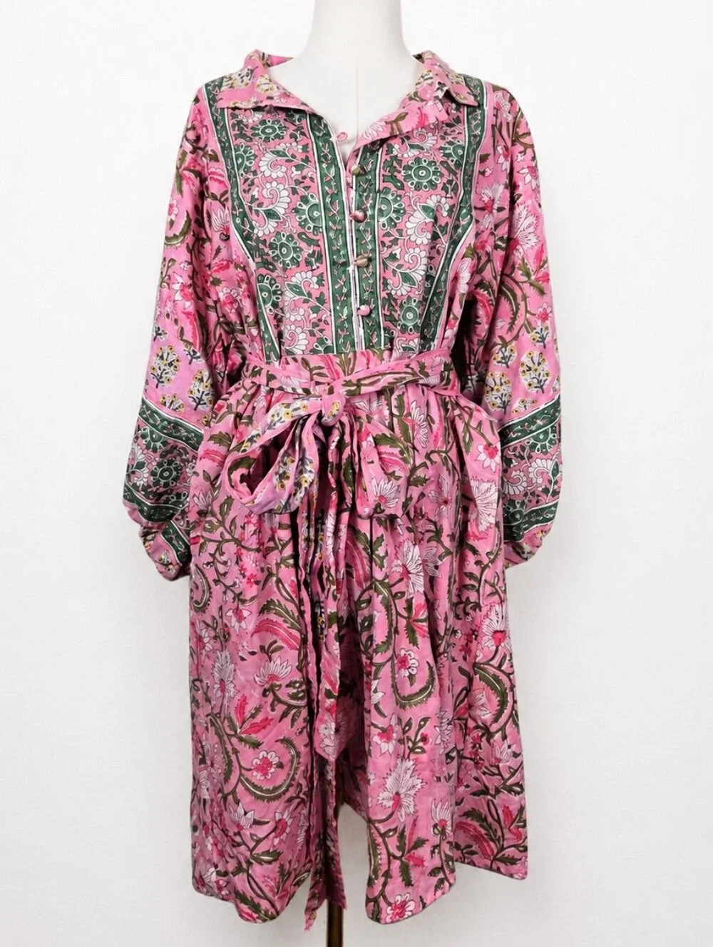 Sue Sartor Pink Floral Block Print Belted Shirt Dress Balloon Sleeve Large