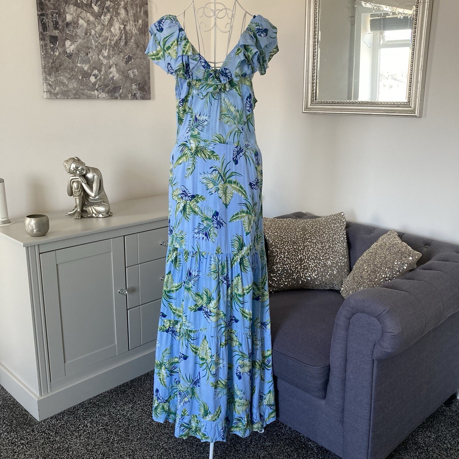 Blue Leaf Print Ruffle Scoop Neck Sleeveless Open Back Tiered Maxi Dress L 10-12
