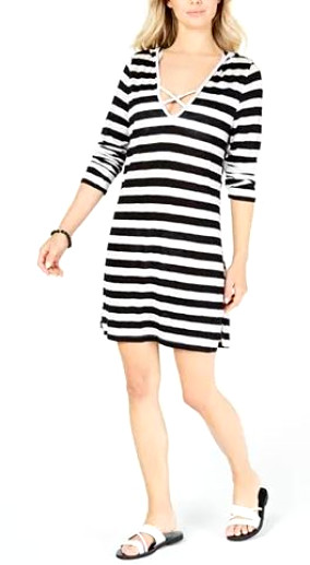 Miken T-Shirt Dress Size XSmall Black White Striped Hoodie Low V-Neck NWT FUL722