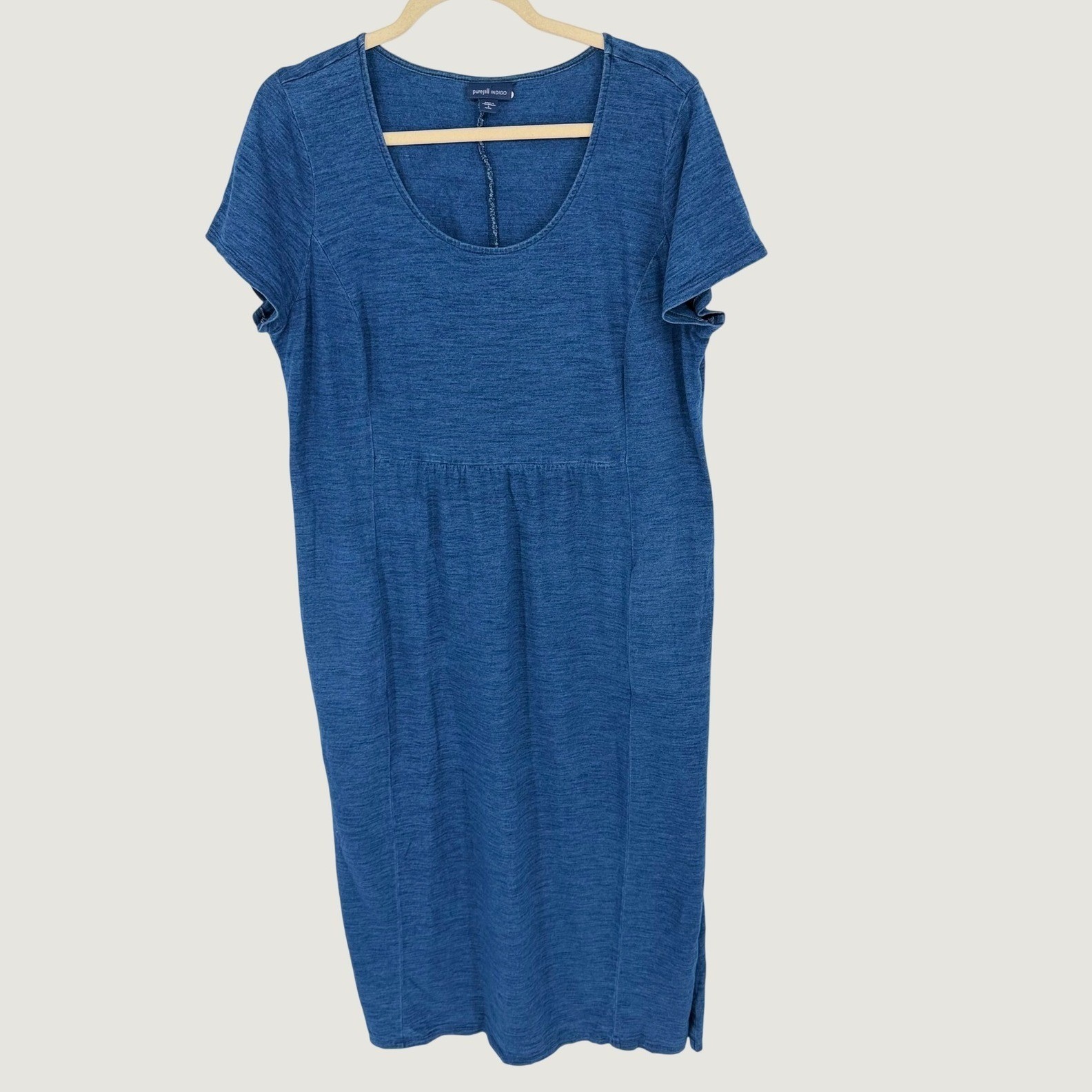 J.Jill Pure Jill Indigo Midi Dress Sz L Petite Cotton Slub Knit Pocket Casual