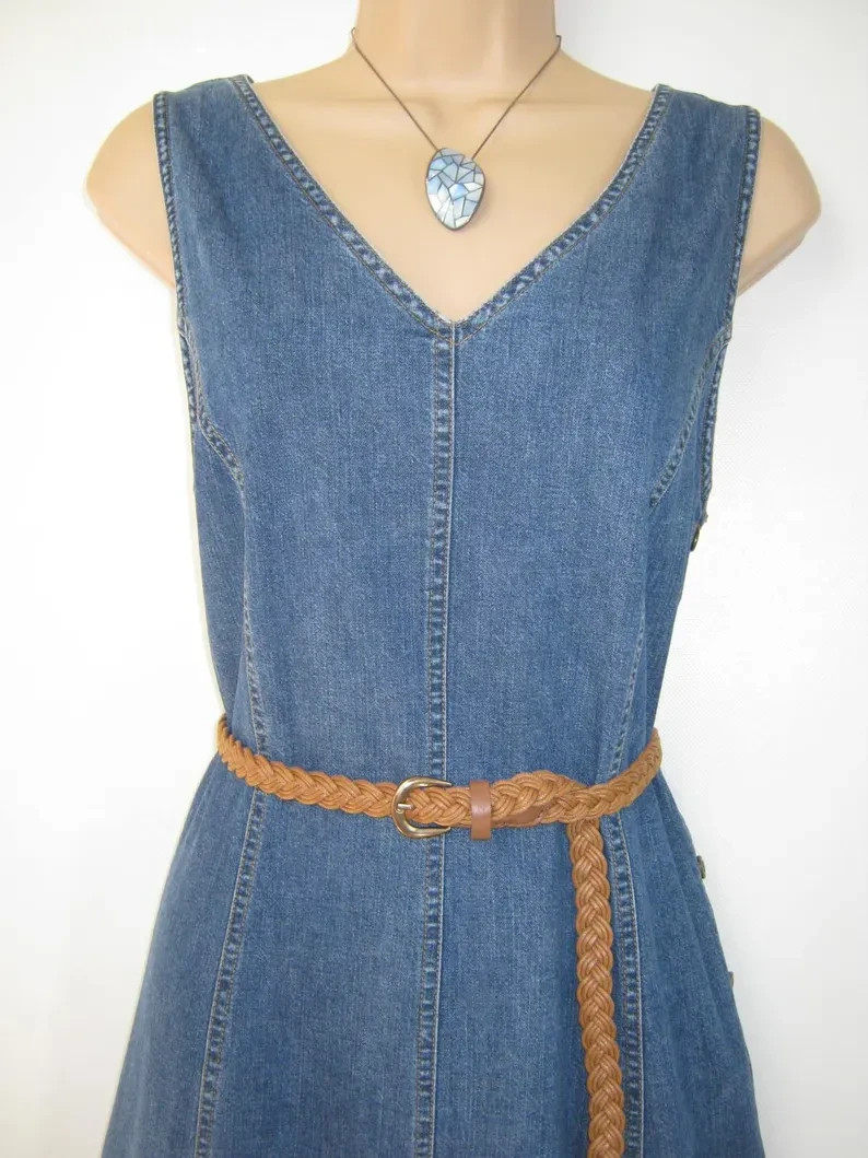 LAURA ASHLEY Vintage Country Denim Summer Maxi Dress, UK12 – incl Belt