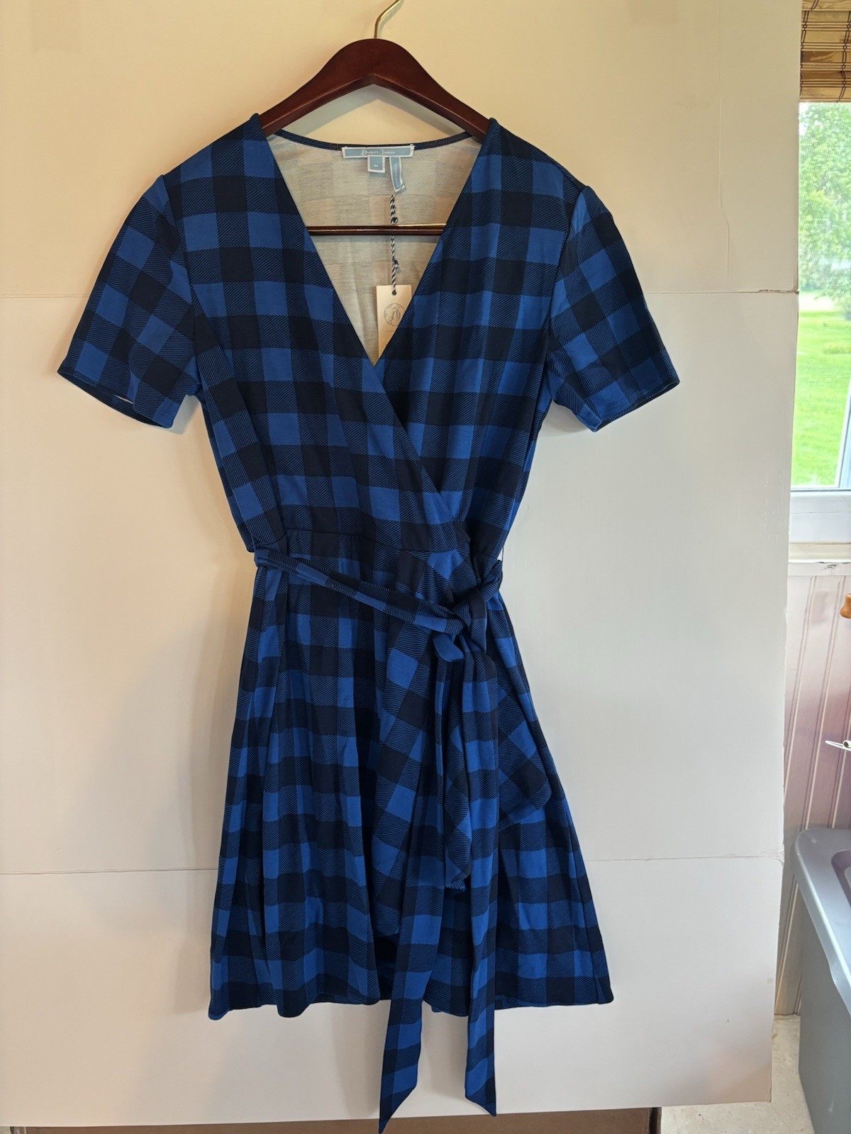 Draper James Blue/Black Plaid Wrap Dress V-Neck Belted Tie Knee M, NWT
