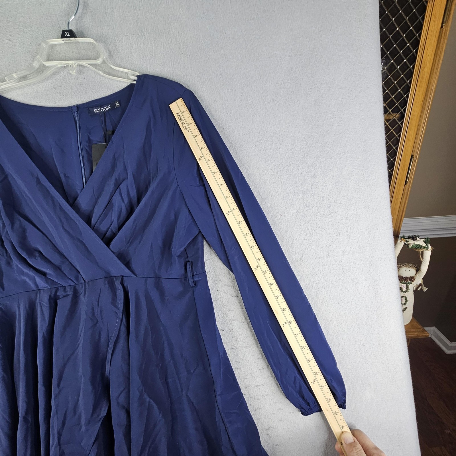 KOJOOIN Dress Womens XL Blue Long Sleeve Wrap Fit Flare Ruffle Knee Length
