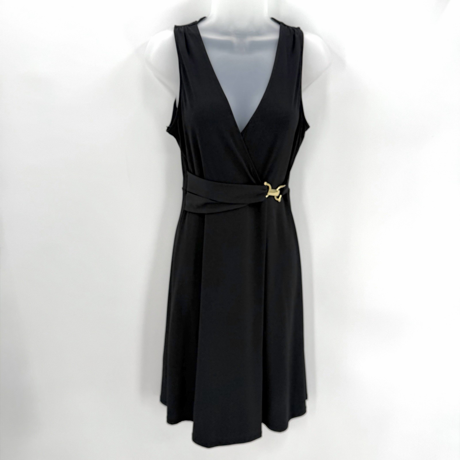 NY&Co Dress Womens XS Black Faux Wrap Gold Buckle Vneck A-Line- flaw