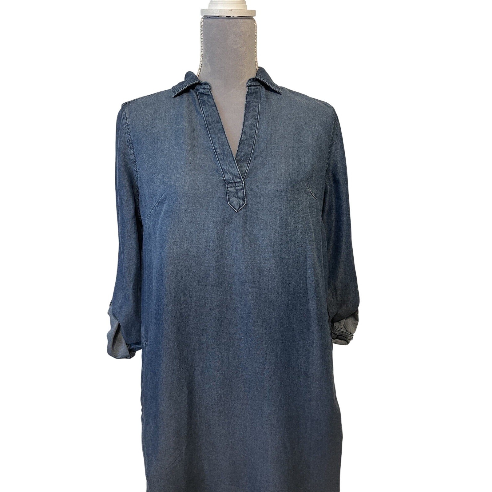 Falls Creek Shirt Dress Sz SM Blue Chambray Denim Pockets 3/4 Sleeve Western