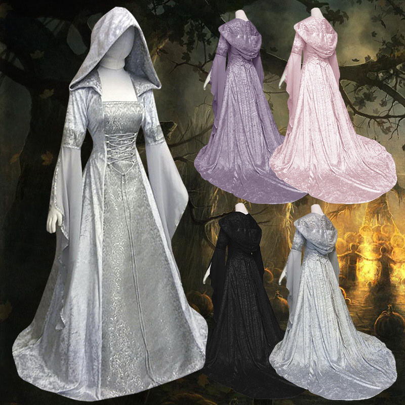 Halloween Medieval Women Hooded Dress Wedding Party Elven Queen Cosplay Costume