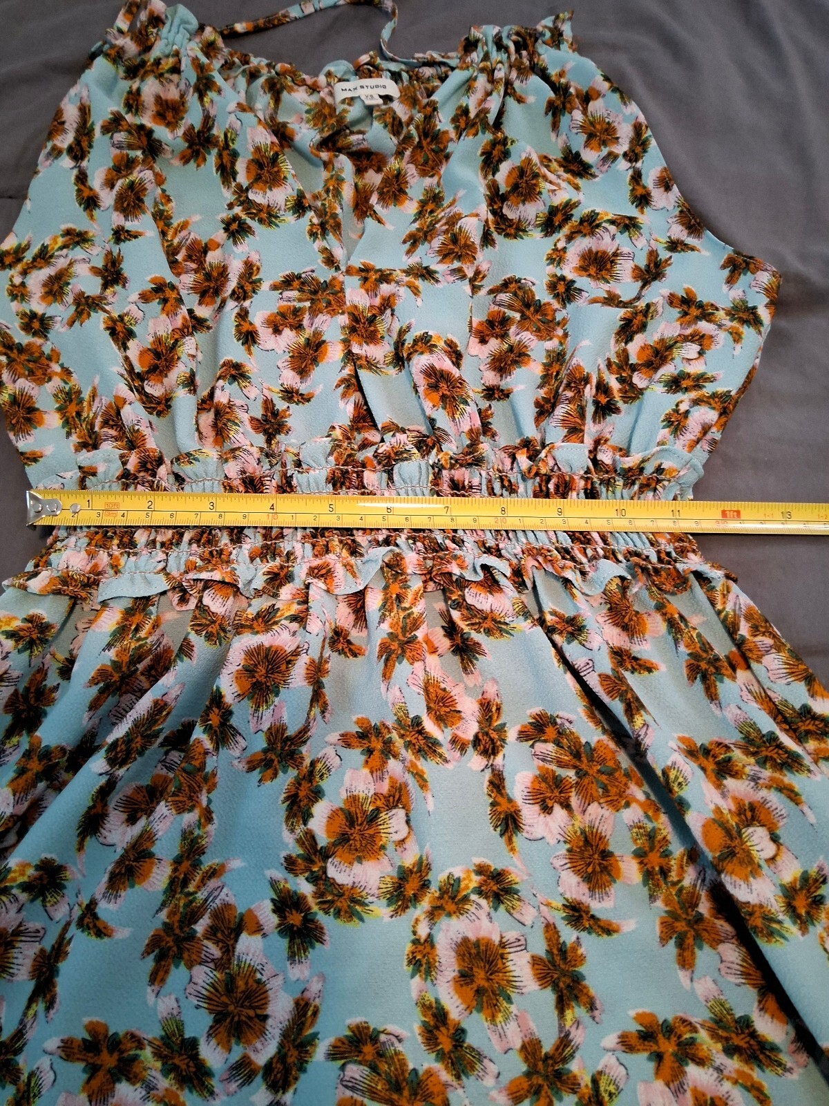Max Studio Blue Floral Tie Neck Smocked Waist Maxi Dress Boho
