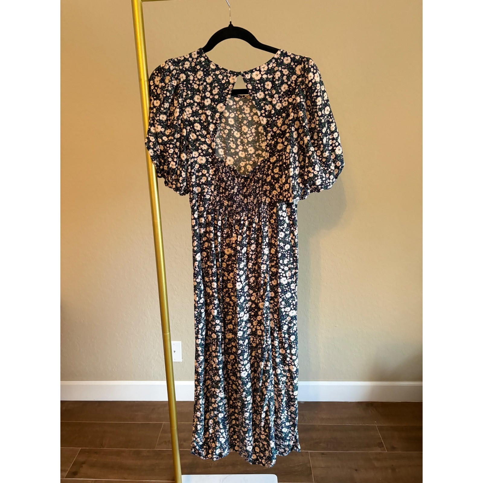 Old Navy Midi Dress Floral Puff Sleeve Open Back Smocked L Cottagecore Garden