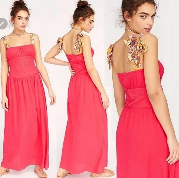 NWT $ 148 Free People Hot Hibiscus Santorini Maxi Dress Strapped Linen Rayon 4.