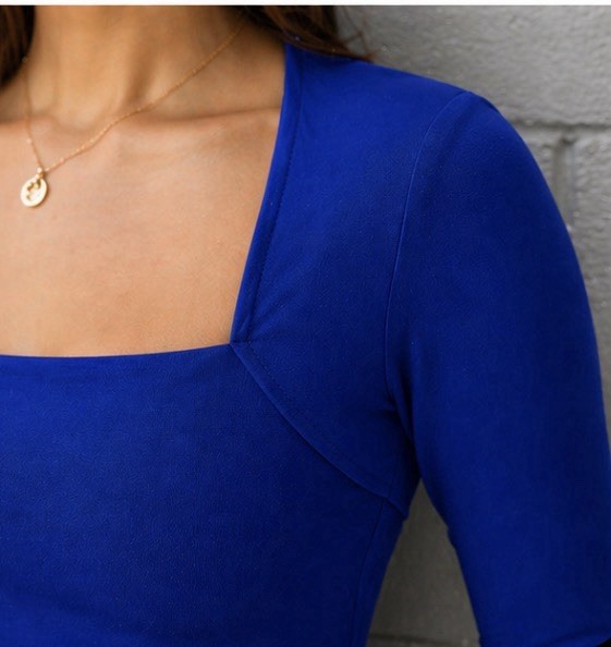 Womens Sexy Swuare Neck Bodycon Mini Dress 3/4 Long Sleeve Royal Blue Medium