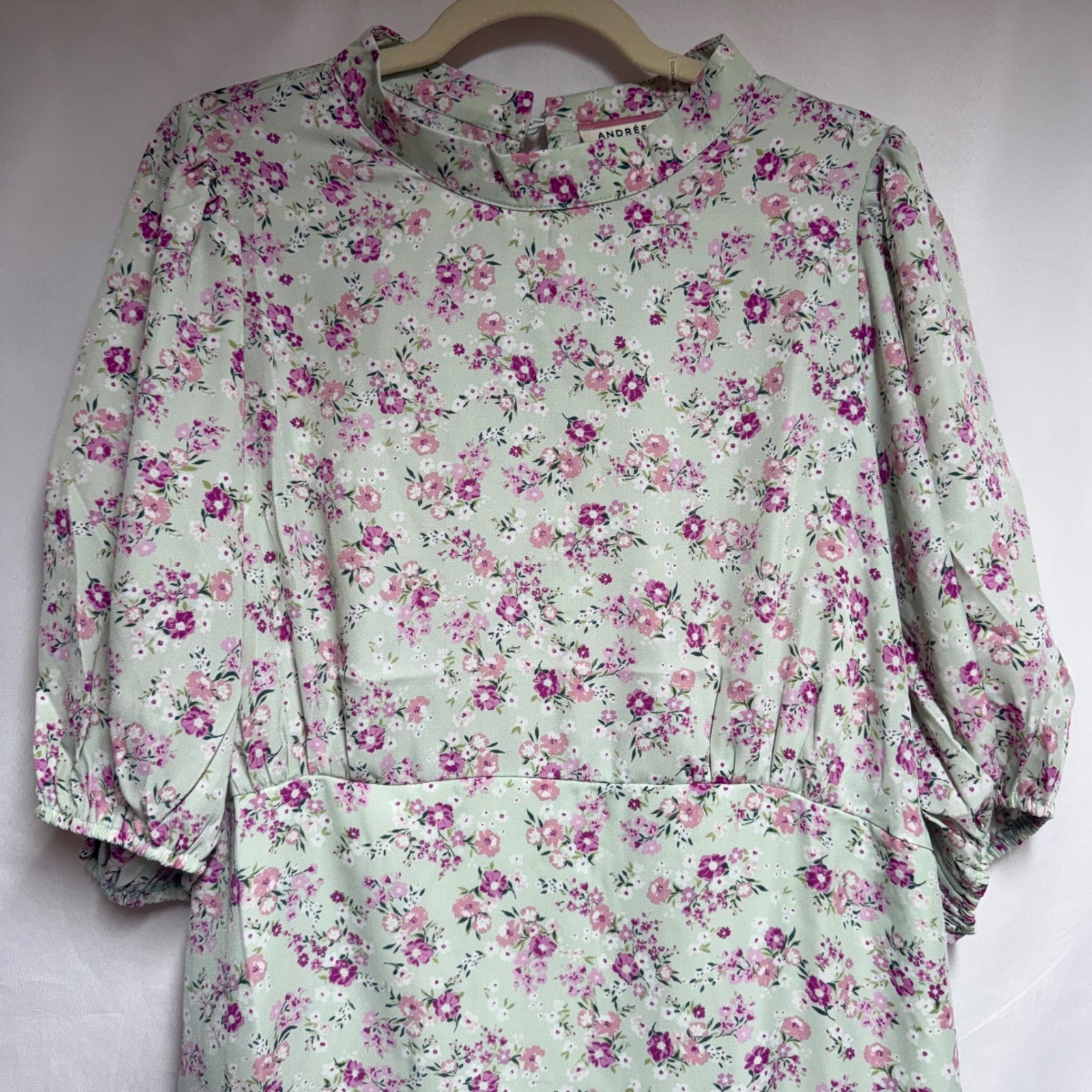 Andree by Unit Sage Green Floral Mock Neck Puff Sleeve Mini Dress Women Large